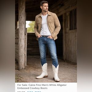 Calza Fino Men's Cream Alligator Caiman tail Embossed Leather Cowboy Boots Sz 8